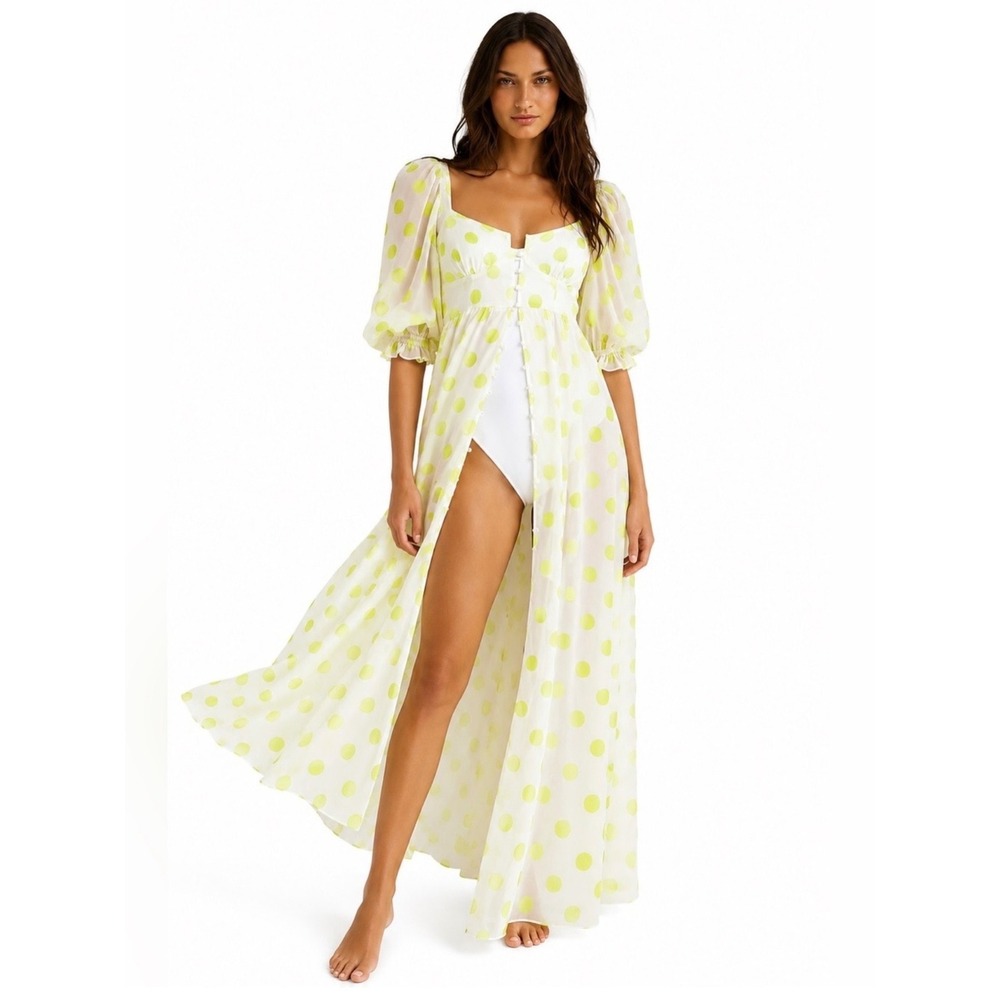NEW For Love & Lemons Yellow Polka Dot Megan Maxi Dress Puff Sleeve Corset Small